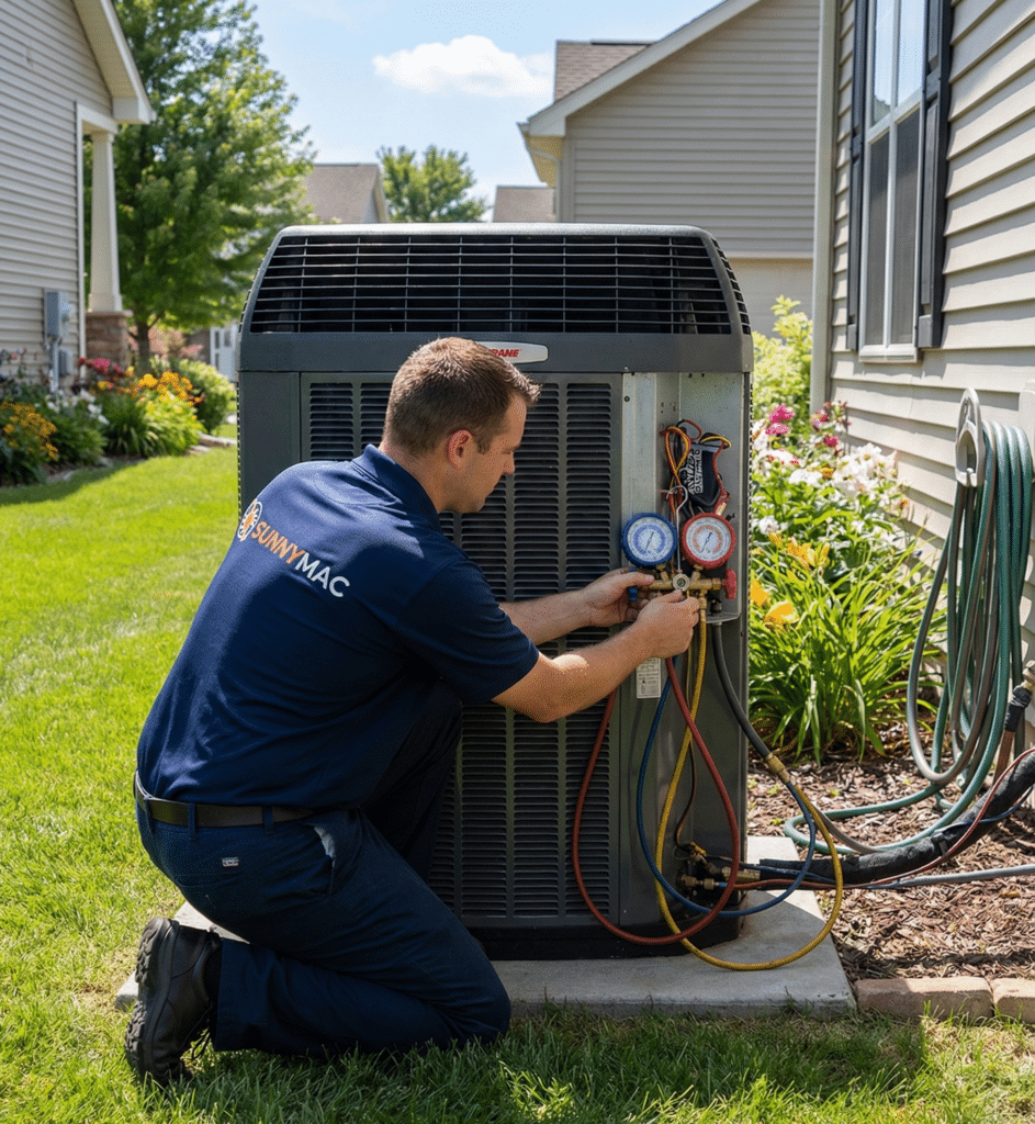 SunnyMac Technician performing routine annual maintenance on an air-conditioning unit