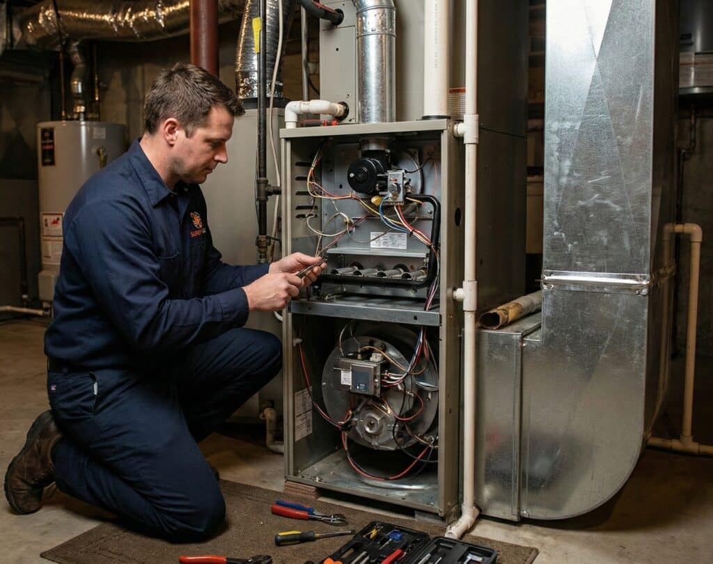A SunnyMac HVAC technician in a navy blue uniform kneeling on a mat and working inside an open residential gas furnace in a basement utility room.