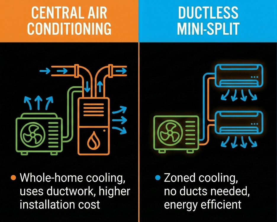 key differences between central air conditioning and ductless min-splits