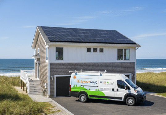 SunnyMac Solar van in driveway of new jersey shore home with solar panels