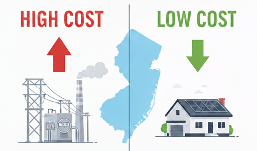 graphic showing that utility electric is a hig cost and solar is a low cost in new Jersey